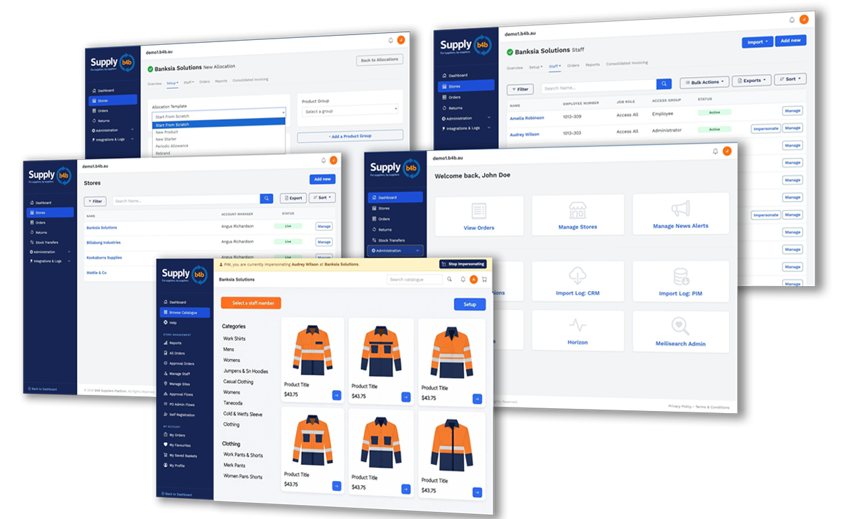 B4B Platform - B2B Ordering Portal for Workwear and PPE Suppliers showing dashboard, order management, and branded storefront